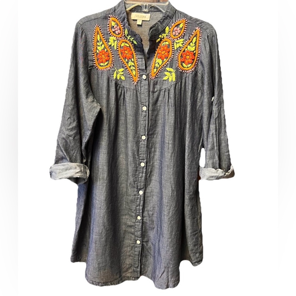 Velzera Blue Thin Chambray Roll Tab Sleeve Top/Dress Sz S Embroidery Boho Soft